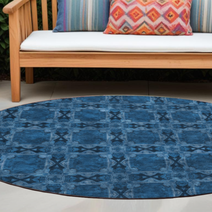 8' Round Navy and Gray Round Floral Medallion Washable Non Skid Indoor Outdoor Area Rug