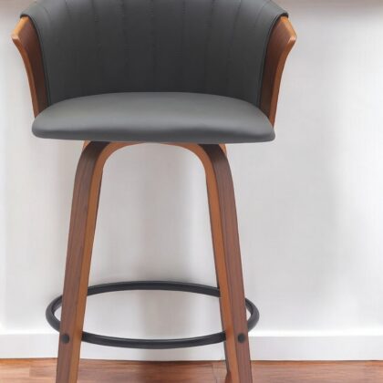 26" Gray and Wood Brown Faux Leather with Solid Wood Swivel Counter Height Bar Chair
