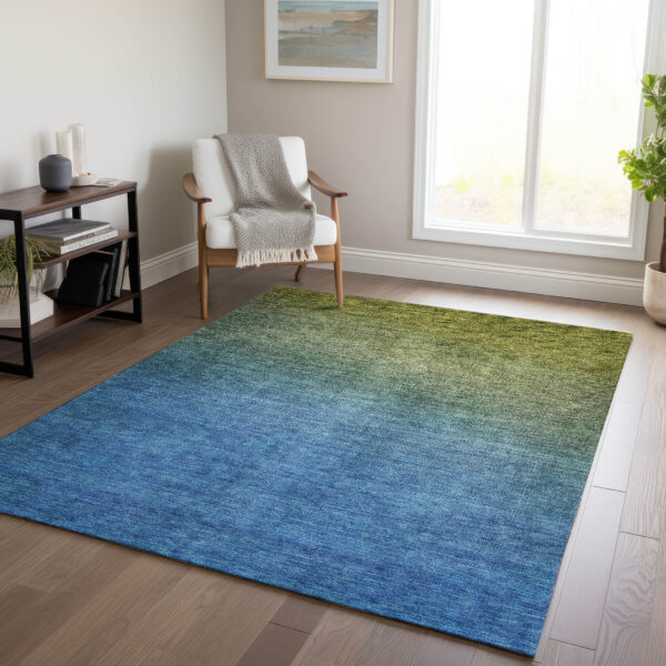 5' X 8' Olive Green Blue And Navy Blue Ombre Washable Indoor Outdoor Area Rug
