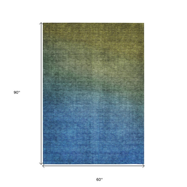5' X 8' Olive Green Blue And Navy Blue Ombre Washable Indoor Outdoor Area Rug