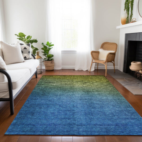5' X 8' Olive Green Blue And Navy Blue Ombre Washable Indoor Outdoor Area Rug