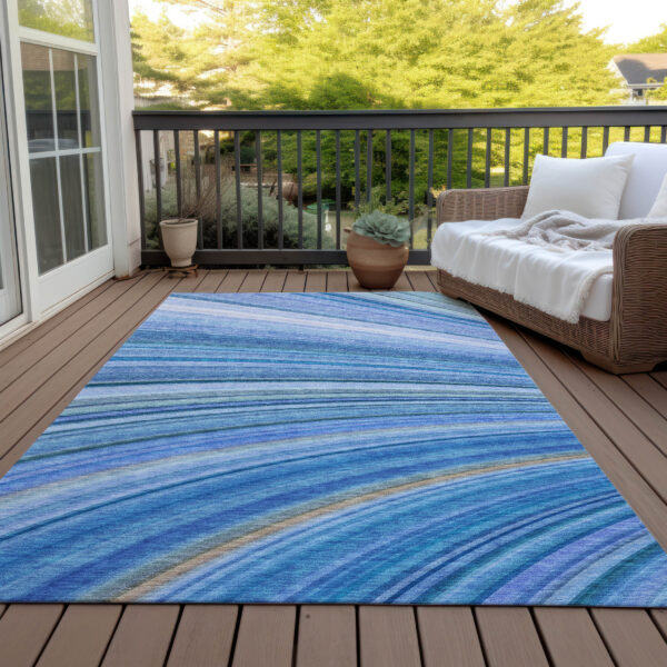 10' X 14' Denim Blue And Sky Blue Abstract Washable Indoor Outdoor Area Rug