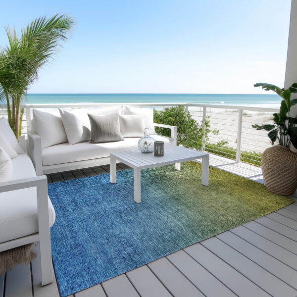 5' X 8' Olive Green Blue And Navy Blue Ombre Washable Indoor Outdoor Area Rug