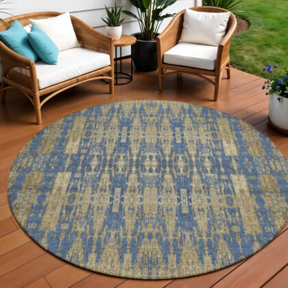 8' Blue Taupe And Beige Round Moroccan Washable Indoor Outdoor Area Rug