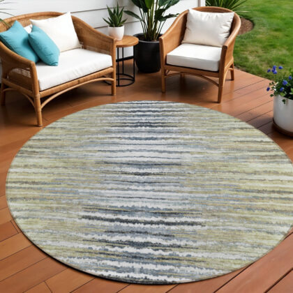 8' Beige Tan And Taupe Round Striped Washable Indoor Outdoor Area Rug
