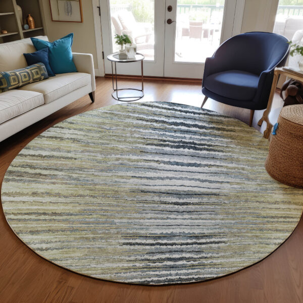 8' Beige Tan And Taupe Round Striped Washable Indoor Outdoor Area Rug