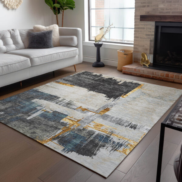 5' X 8' Charcoal Gray And Tan Abstract Washable Indoor Outdoor Area Rug