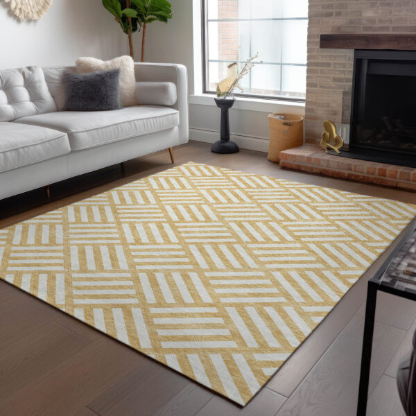 3' X 5' Gold And Ivory Geometric Washable Indoor Outdoor Area Rug