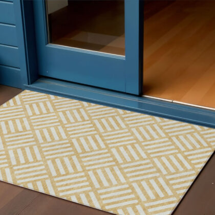 3' X 5' Gold And Ivory Geometric Washable Indoor Outdoor Area Rug