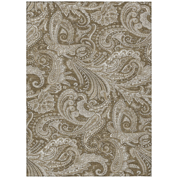 10' X 14' Chocolate Beige And Ivory Paisley Washable Indoor Outdoor Area Rug