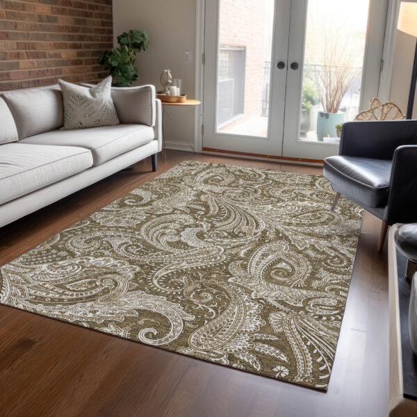 10' X 14' Chocolate Beige And Ivory Paisley Washable Indoor Outdoor Area Rug
