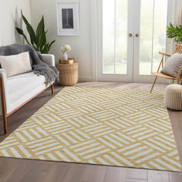 3' X 5' Gold And Ivory Geometric Washable Indoor Outdoor Area Rug