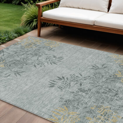 9' X 12' Gray Charcoal And Gold Floral Washable Indoor Outdoor Area Rug