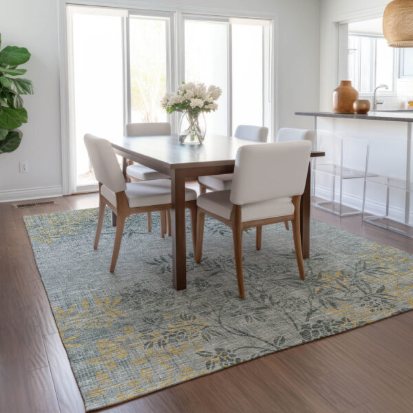 9' X 12' Gray Charcoal And Gold Floral Washable Indoor Outdoor Area Rug