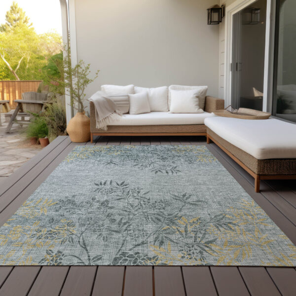 9' X 12' Gray Charcoal And Gold Floral Washable Indoor Outdoor Area Rug
