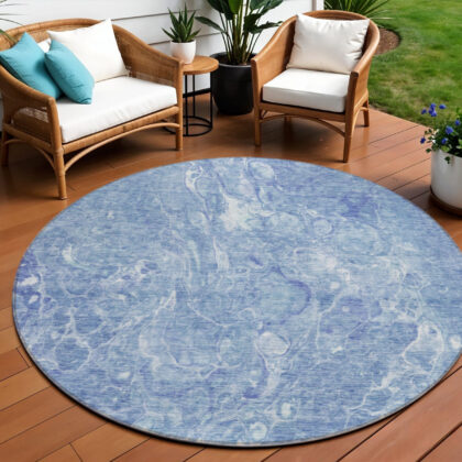 8' Sky Blue And Navy Blue Round Abstract Washable Indoor Outdoor Area Rug
