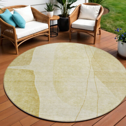 8' Gold Wheat And Beige Round Abstract Washable Indoor Outdoor Area Rug