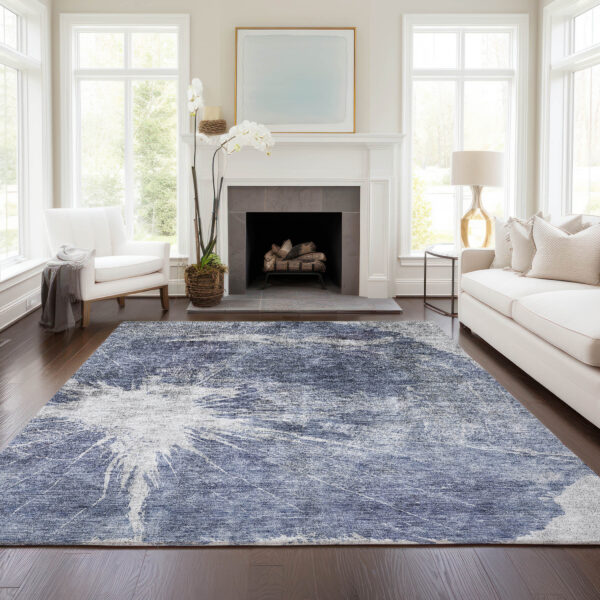 5' X 8' Navy Blue And Denim Blue Abstract Washable Indoor Outdoor Area Rug