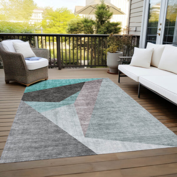 10' X 14' Teal Blue Aqua And Charcoal Abstract Washable Indoor Outdoor Area Rug