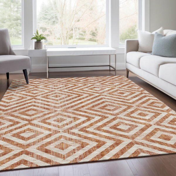 9' X 12' Terra Cotta Copper And Beige Geometric Washable Indoor Outdoor Area Rug