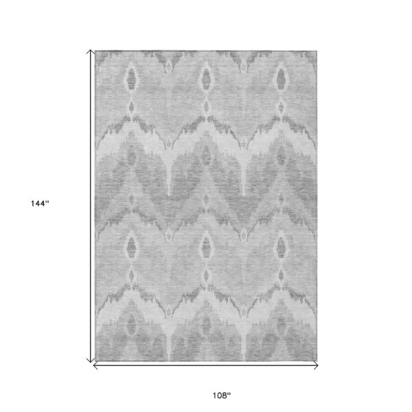 9' X 12' Silver And Gray Ikat Washable Indoor Outdoor Area Rug