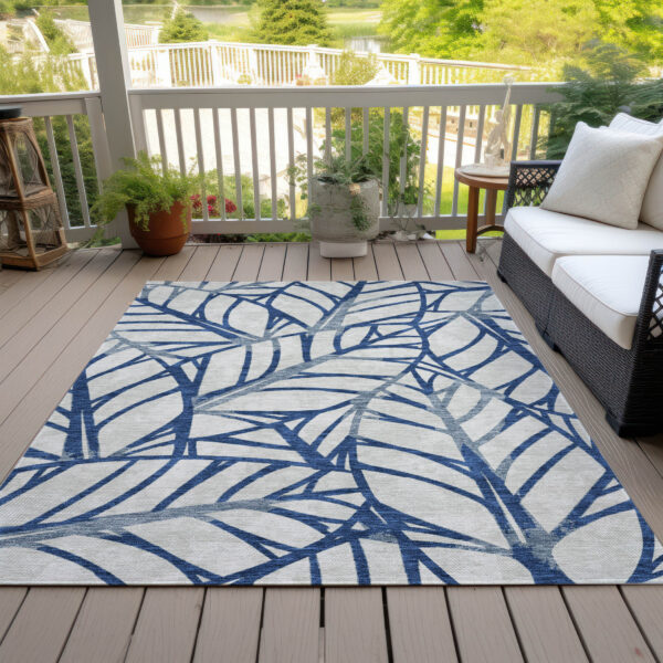 10' X 14' Navy Blue And Beige Floral Washable Indoor Outdoor Area Rug