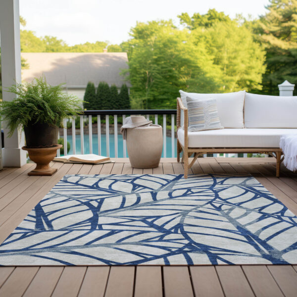 10' X 14' Navy Blue And Beige Floral Washable Indoor Outdoor Area Rug