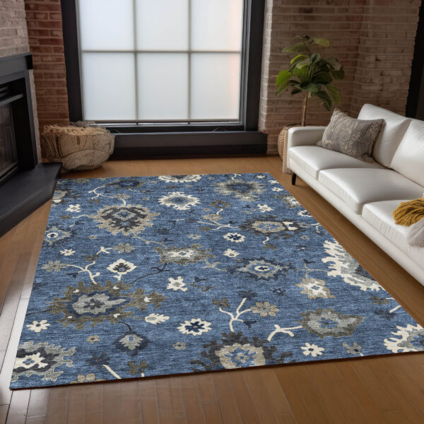 8' X 10' Blue Gray And White Floral Washable Indoor Outdoor Area Rug