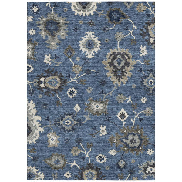 8' X 10' Blue Gray And White Floral Washable Indoor Outdoor Area Rug