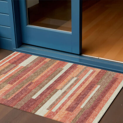 3' X 5' Coral Peach And Taupe Striped Washable Indoor Outdoor Area Rug