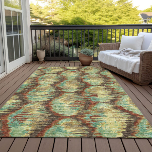 8' X 10' Brown Gold And Teal Blue Abstract Washable Indoor Outdoor Area Rug