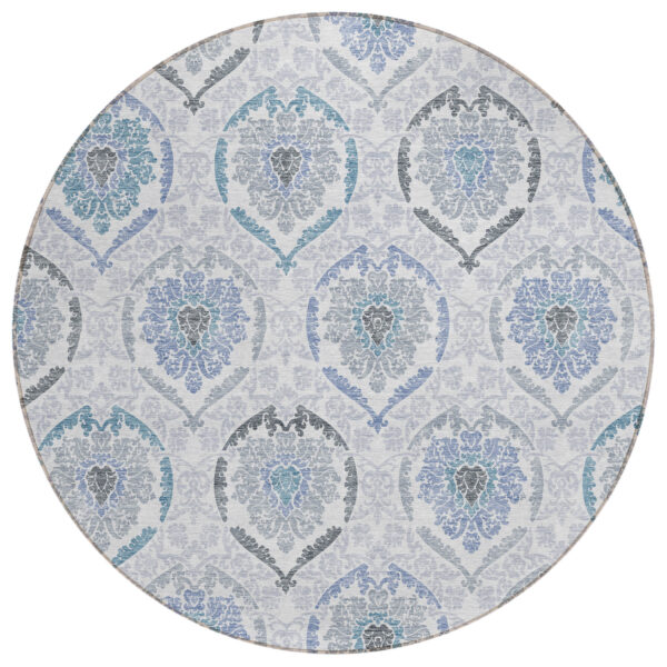 8' Gray And Denim Blue Round Medallion Washable Indoor Outdoor Area Rug