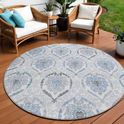 8' Gray And Denim Blue Round Medallion Washable Indoor Outdoor Area Rug