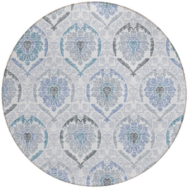 8' Gray And Denim Blue Round Medallion Washable Indoor Outdoor Area Rug