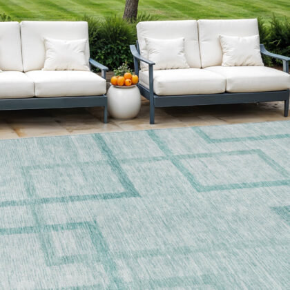 8' X 10' Teal Blue And Aqua Geometric Washable Indoor Outdoor Area Rug