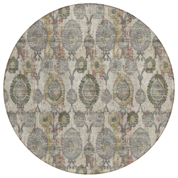 8' Beige Taupe And Green Round Damask Washable Indoor Outdoor Area Rug