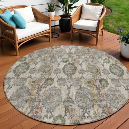 8' Beige Taupe And Green Round Damask Washable Indoor Outdoor Area Rug