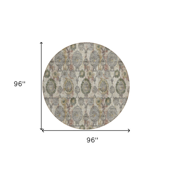 8' Beige Taupe And Green Round Damask Washable Indoor Outdoor Area Rug