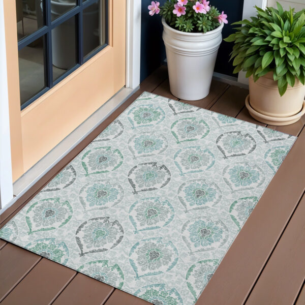 3' X 5' Teal Blue Silver And Gray Medallion Washable Indoor Outdoor Area Rug