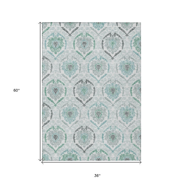3' X 5' Teal Blue Silver And Gray Medallion Washable Indoor Outdoor Area Rug
