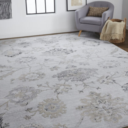 5' X 8' Silver And Black Floral Power Loom Distressed Area Rug