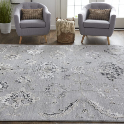 5' X 8' Silver And Black Floral Power Loom Distressed Area Rug
