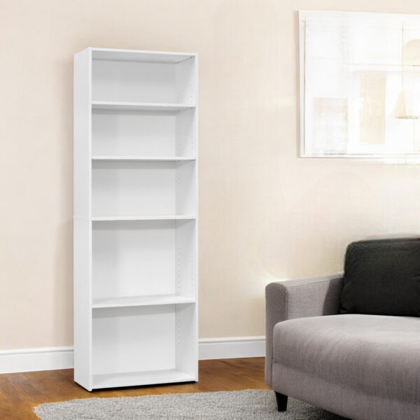White Wood Adjustable Five Tier Bookcase