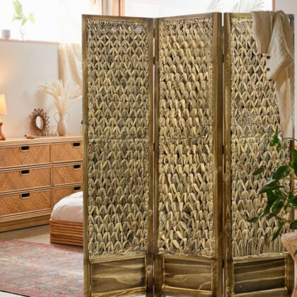 Casual Wood And Seagrass Three Panel Room Divider Screen