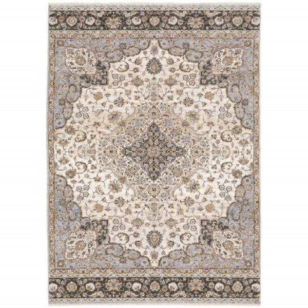 5' X 8' Ivory And Blue Oriental Power Loom Stain Resistant Area Rug With Fringe