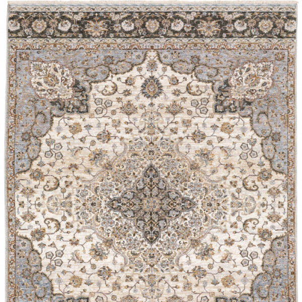 5' X 8' Ivory And Blue Oriental Power Loom Stain Resistant Area Rug With Fringe