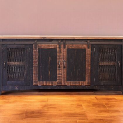 70" Black Solid Wood Cabinet Enclosed Storage Distressed TV Stand
