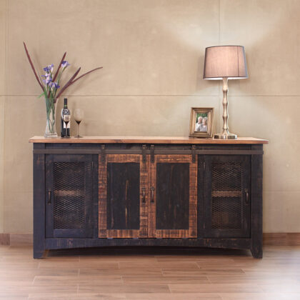 70" Black Solid Wood Cabinet Enclosed Storage Distressed TV Stand