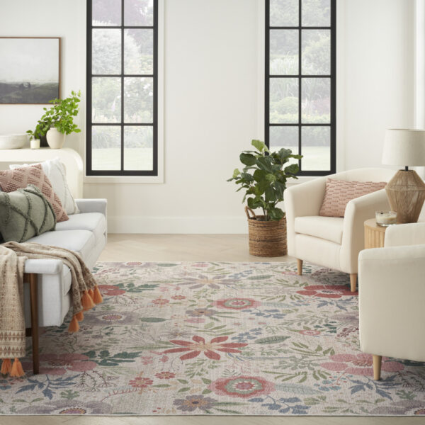 5' x 7' Ivory Green and Red Floral Power Loom Washable Non Skid Area Rug