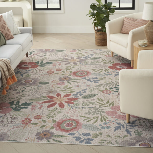 5' x 7' Ivory Green and Red Floral Power Loom Washable Non Skid Area Rug